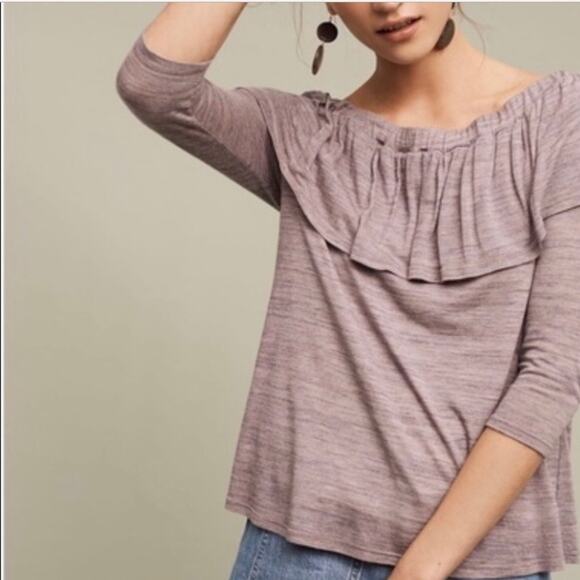Anthropologie Dolan Charla Heather Taupe Off Shoulder Ruffled Neckline Top Med - Picture 3 of 10